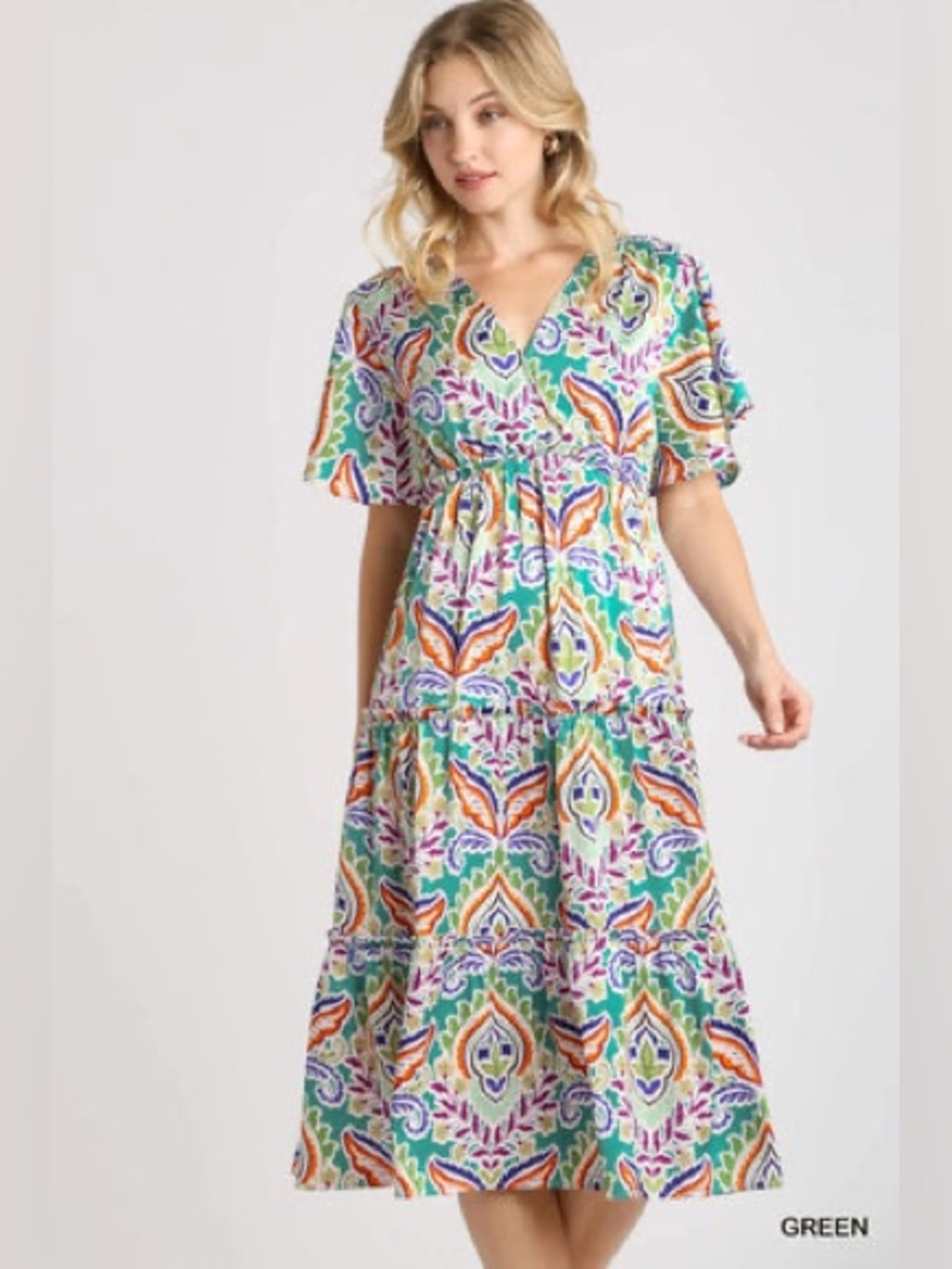 NWOT Umgee Satin Multicolor V-Neck Tiered Midi Dress